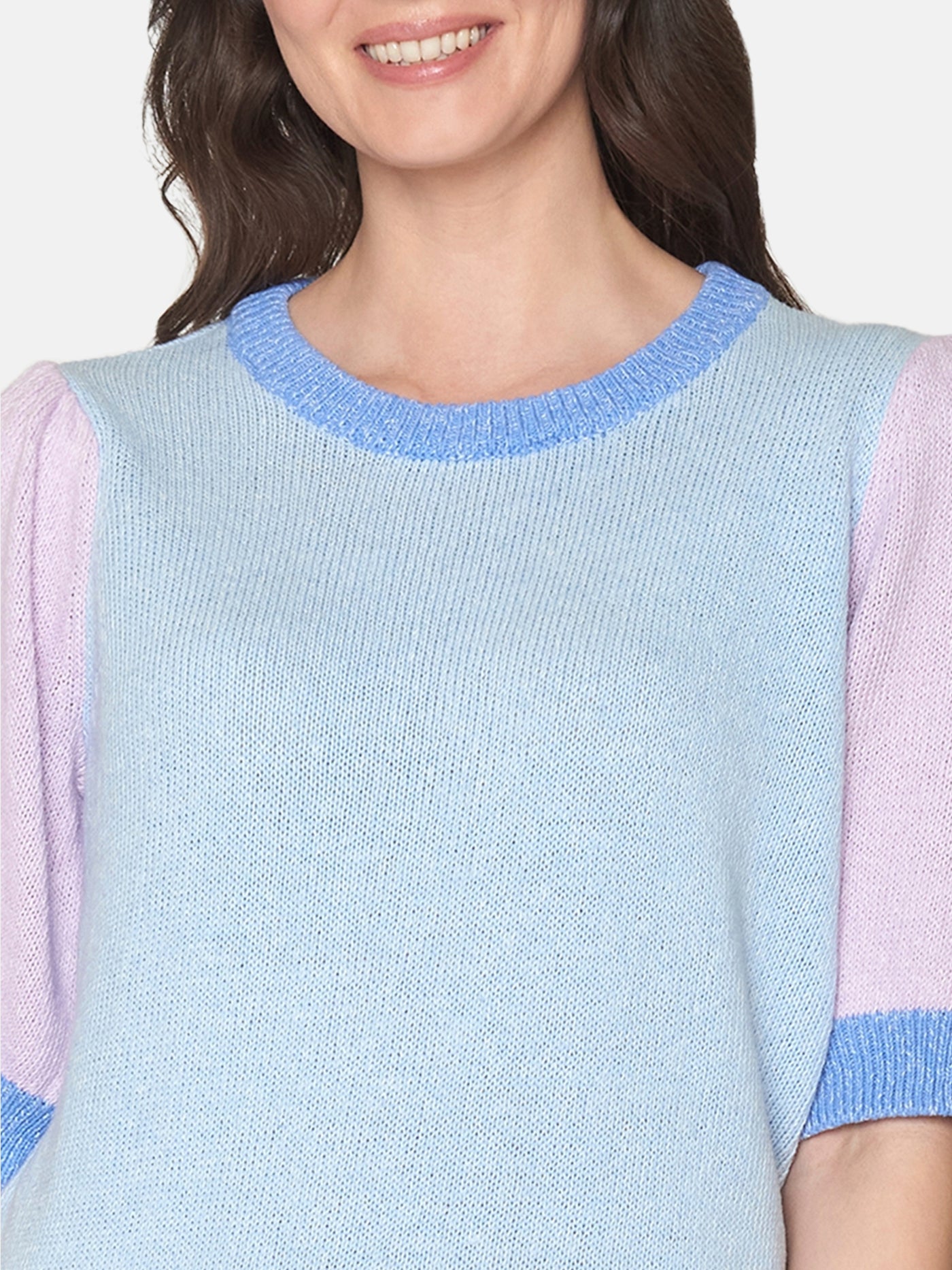 Kort Strik Pullover - Blå/lyserød
