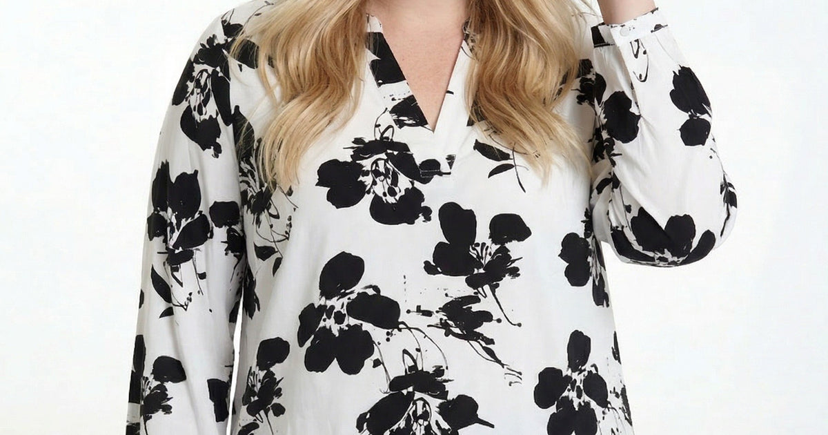 Langærmet Bluse - Sort / Off White - Med Blomsterprint